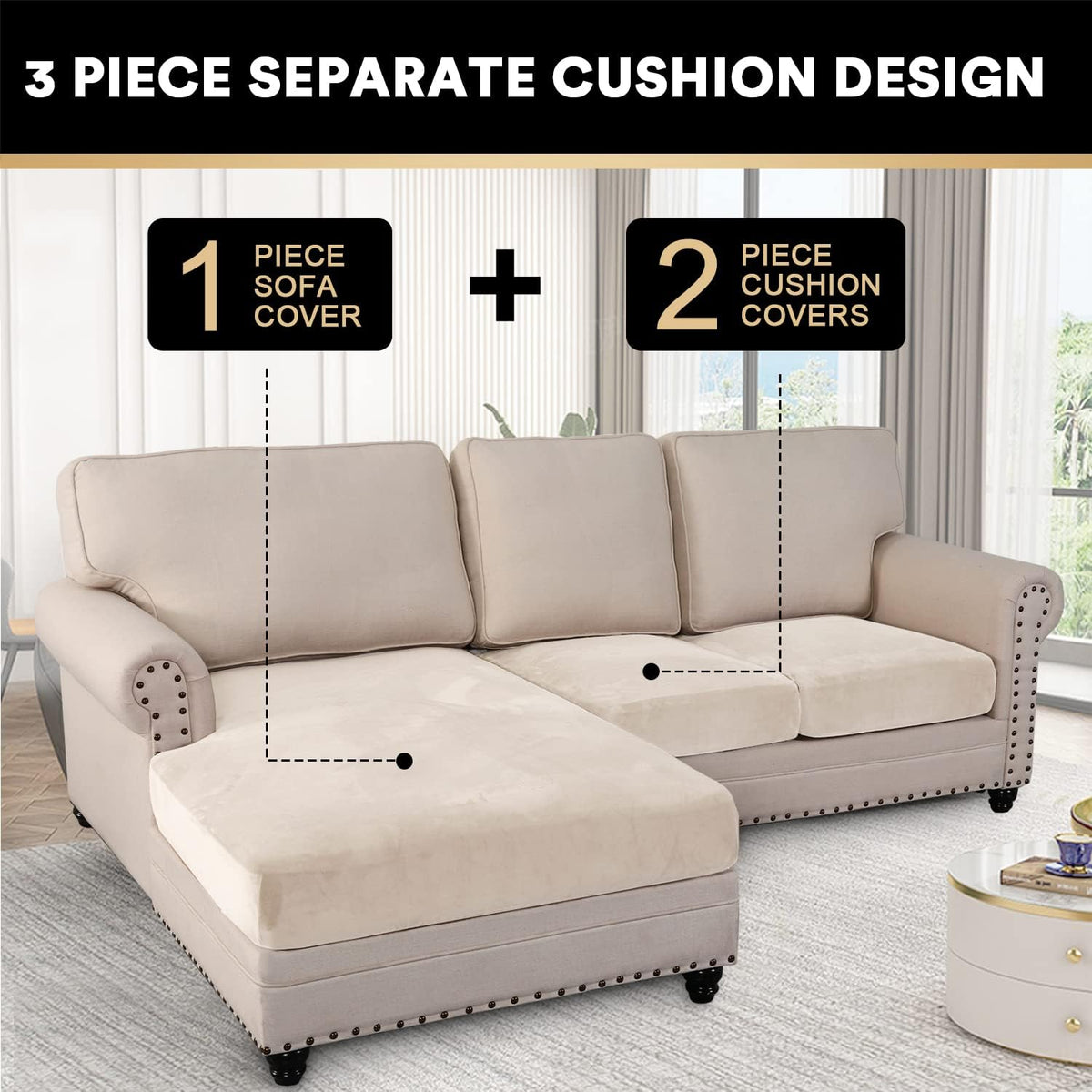 PrinceDeco Sectional Couch Covers 3 Pieces Velvet Sofa Covers L Shape Soft Couch Covers for