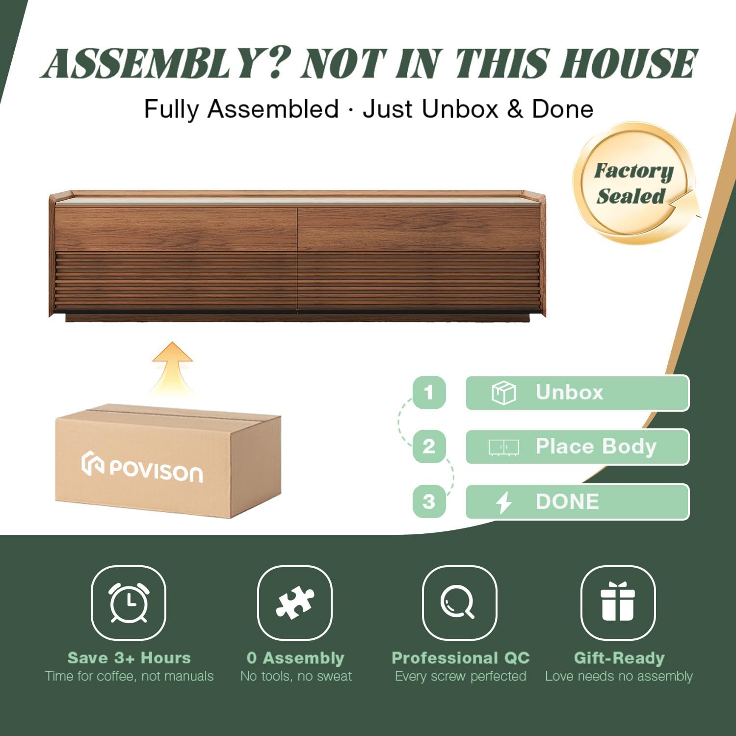 POVISON Fully-Assembled Mid Century Matte Sintered Stone TV Stand, 70.87" Wood Media Console with