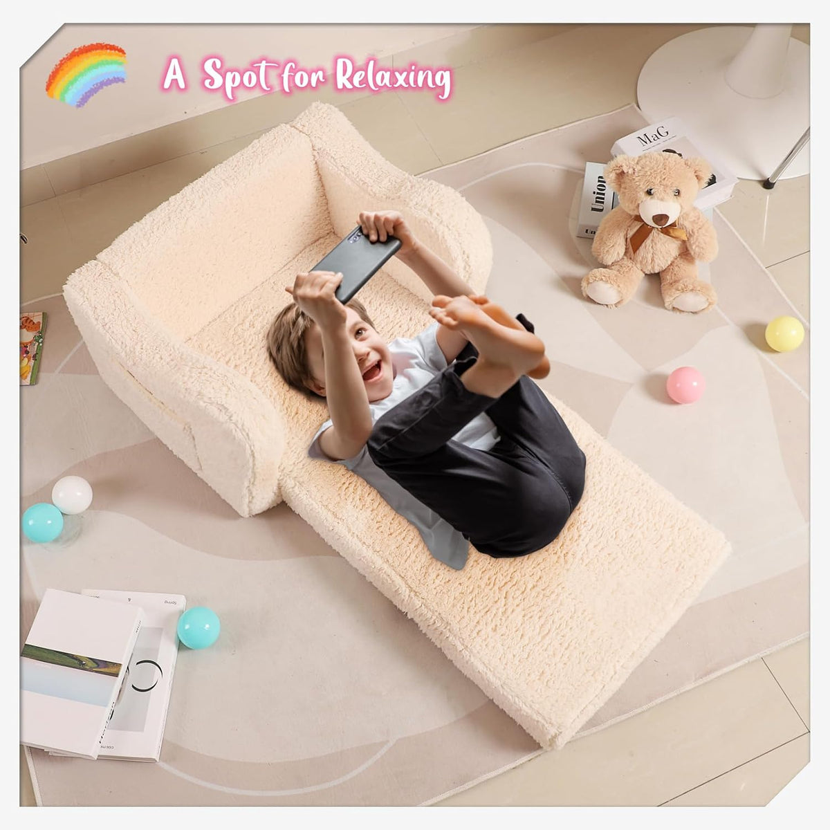 Kids Chairs for Toddler, 2-in-1 Toddler Soft Sherpa Couch Fold Out, Convertible Sofa to Lounger for