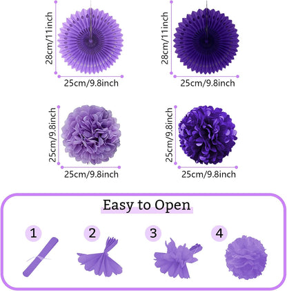 Party Decorations, Purple Papar Fans Pompoms Garlands for Women Girls Mothers Day Bachelorette