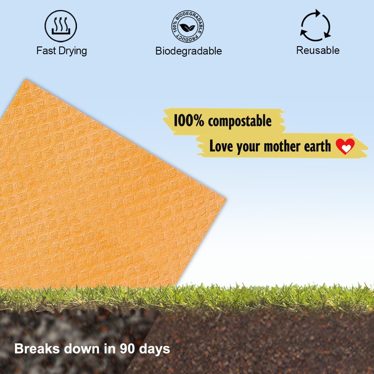Swedish Dishcloths for Kitchen | 6 Pack Absorbent Cellulose Sponge Cloths Washable | Non-Scratch