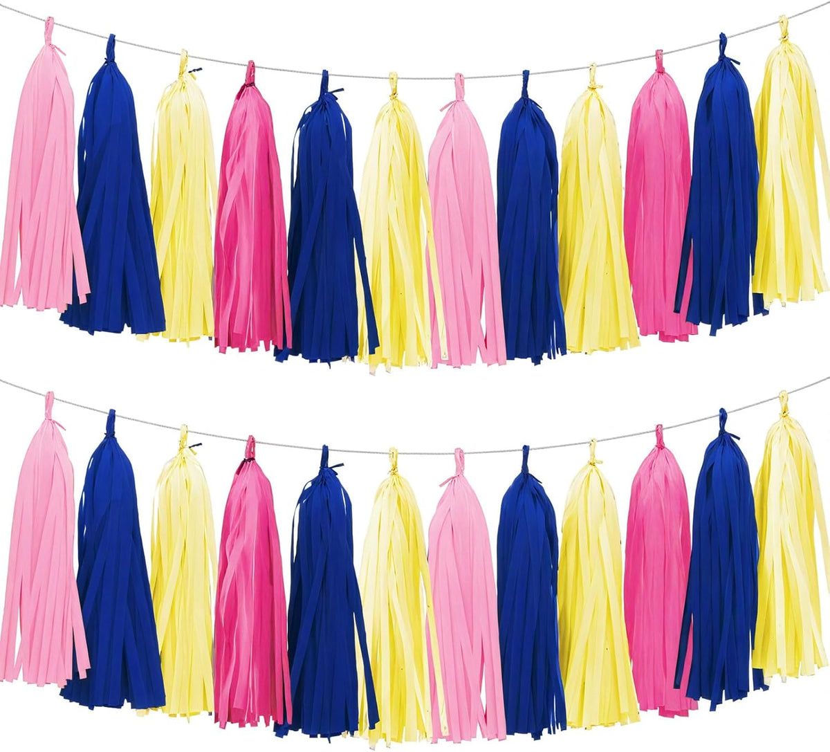 Tissue Paper Tassel Garland Banner, 20 Pack, Hot Pink Navy Blue Lemon Yellow Pink, Party