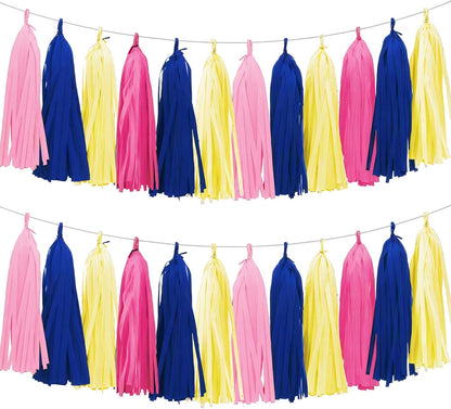 Tissue Paper Tassel Garland Banner, 20 Pack, Hot Pink Navy Blue Lemon Yellow Pink, Party