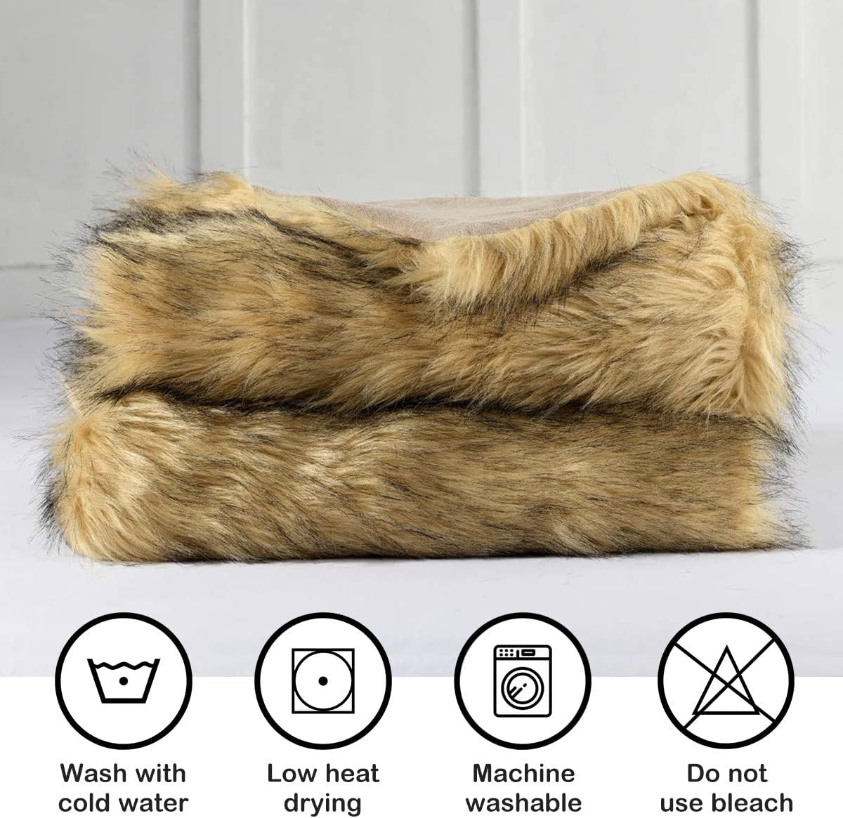 Luxury Plush Faux Fur Throw Blanket, Long Pile Golden Yellow with Black Tipped Blanket, Super Warm
