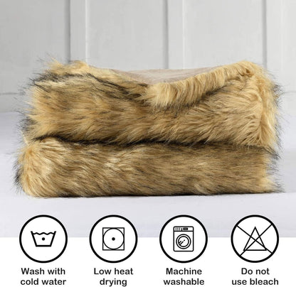 Luxury Plush Faux Fur Throw Blanket, Long Pile Golden Yellow with Black Tipped Blanket, Super Warm