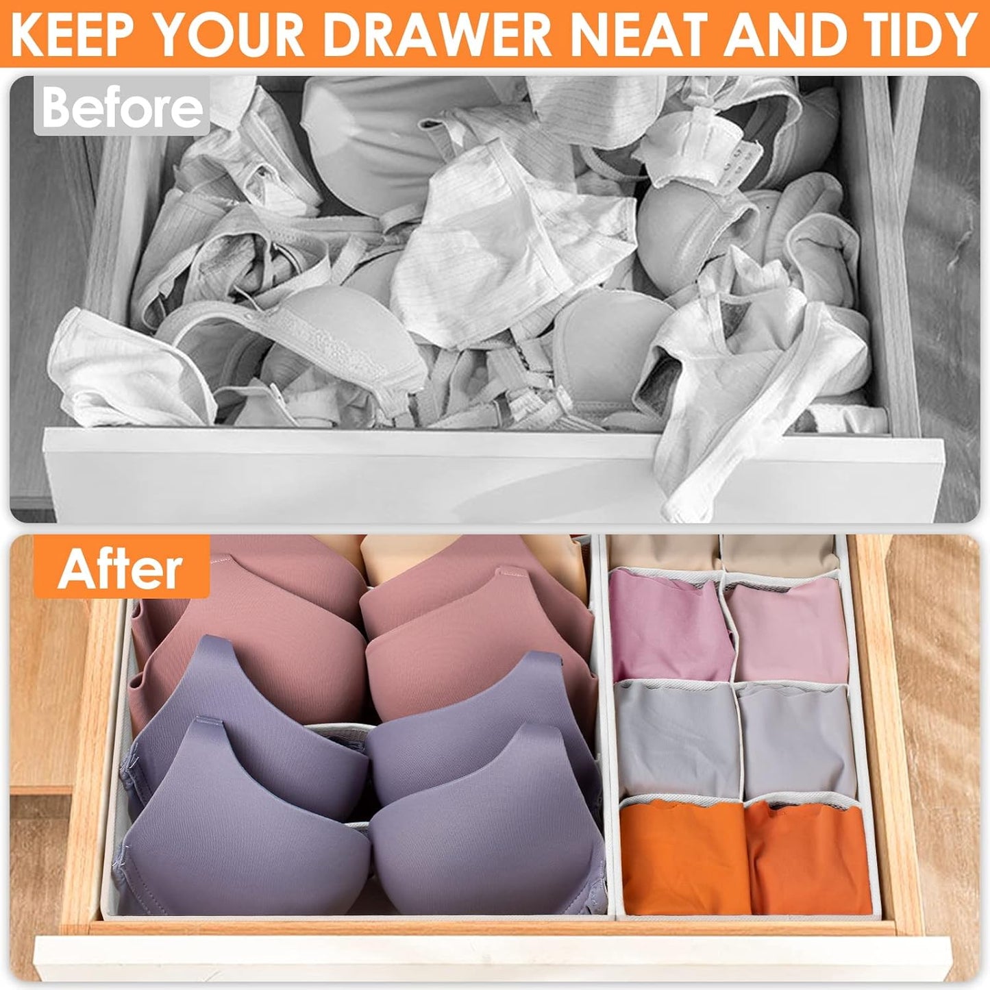 6 Pack Sock Underwear Drawer Organizer Dividers, 58 Cell Foldable Fabric Dresser Closet Organizers
