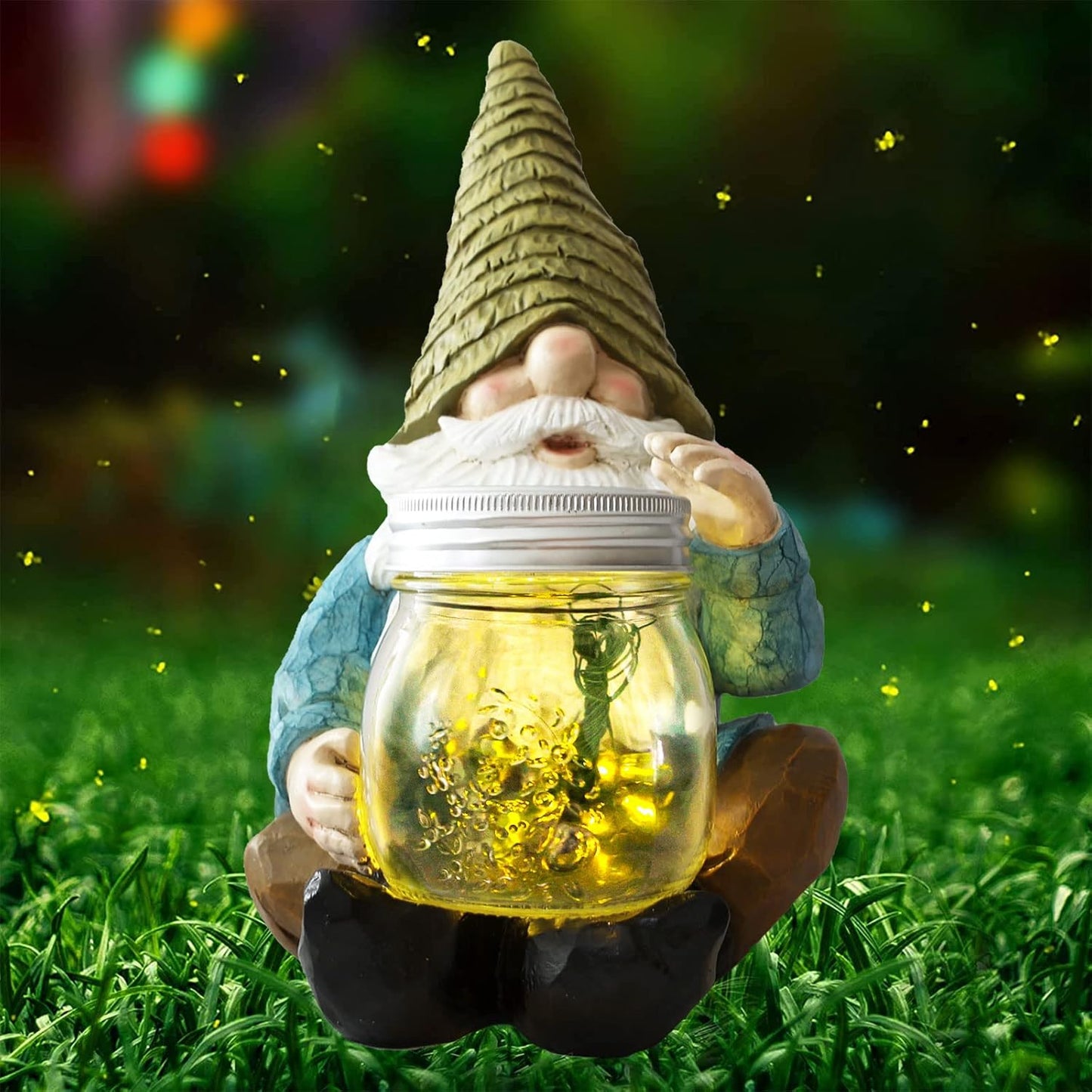 Solar Firefly Jar Gnome Waterproof- Large Garden Gnome Funny Solar Outdoor LED Lights Resin Statues