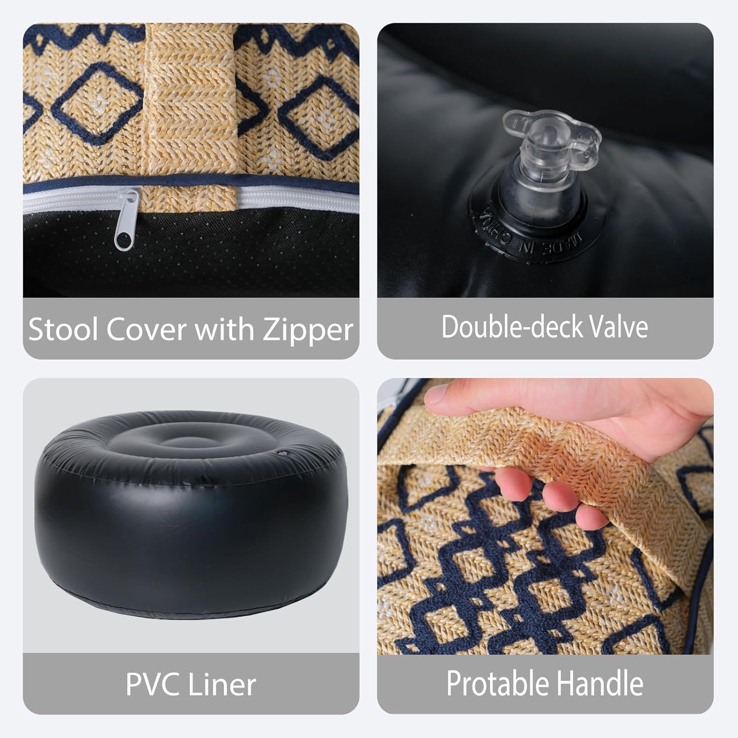 Outdoor Inflatable Ottoman with Air Pump, Embroidery Patio Footrest Stool D21”x H9”, Round Pouf