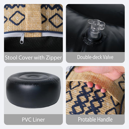 Outdoor Inflatable Ottoman with Air Pump, Embroidery Patio Footrest Stool D21”x H9”, Round Pouf