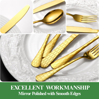 40 Pcs Gold Silverware Set for 8 with Water Cube Handle design, Food Grade Stainless Steel Flatware