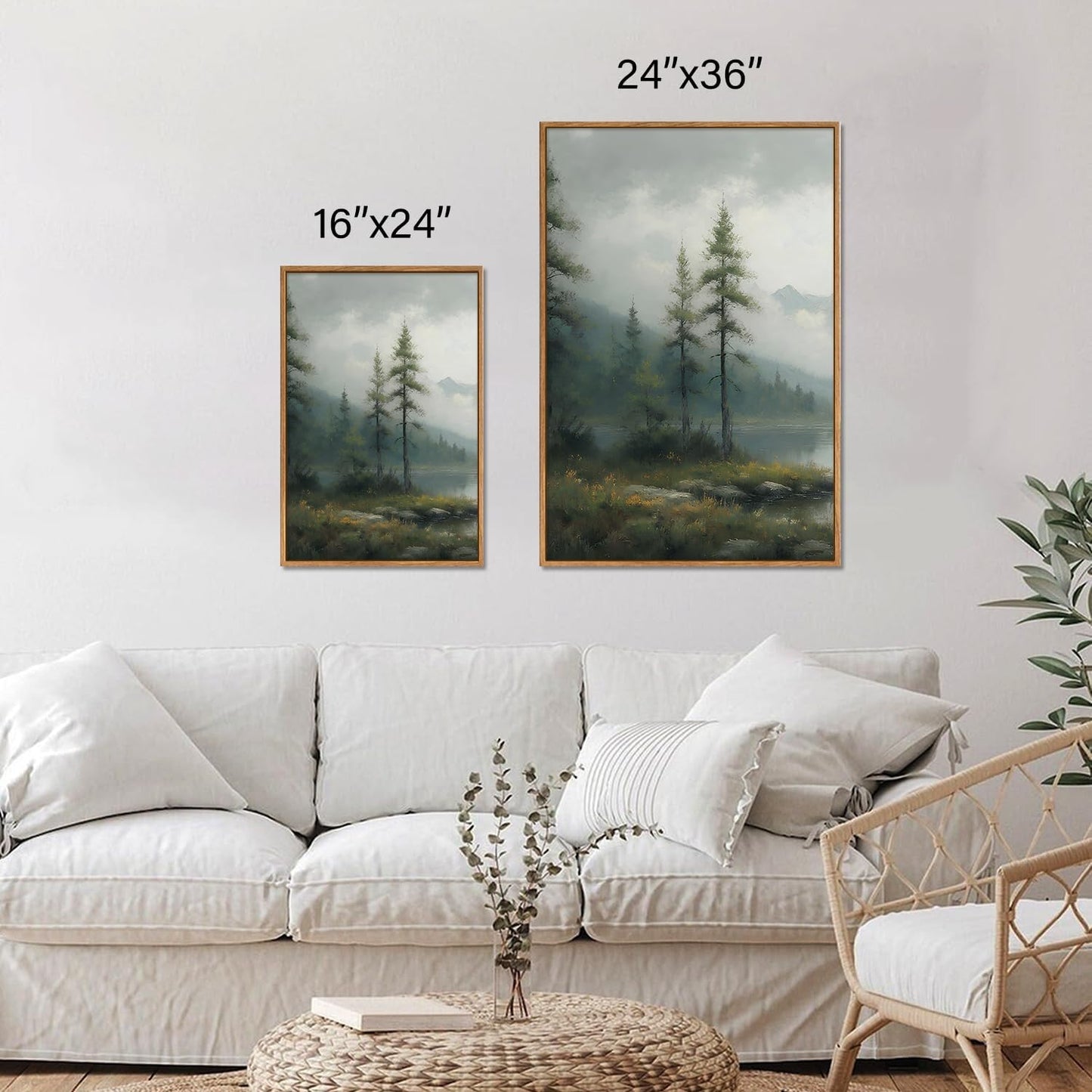 SIGNINART Large Misty Mountain Framed Canvas Wall Art, Green Forest River Scenery Wall Decor