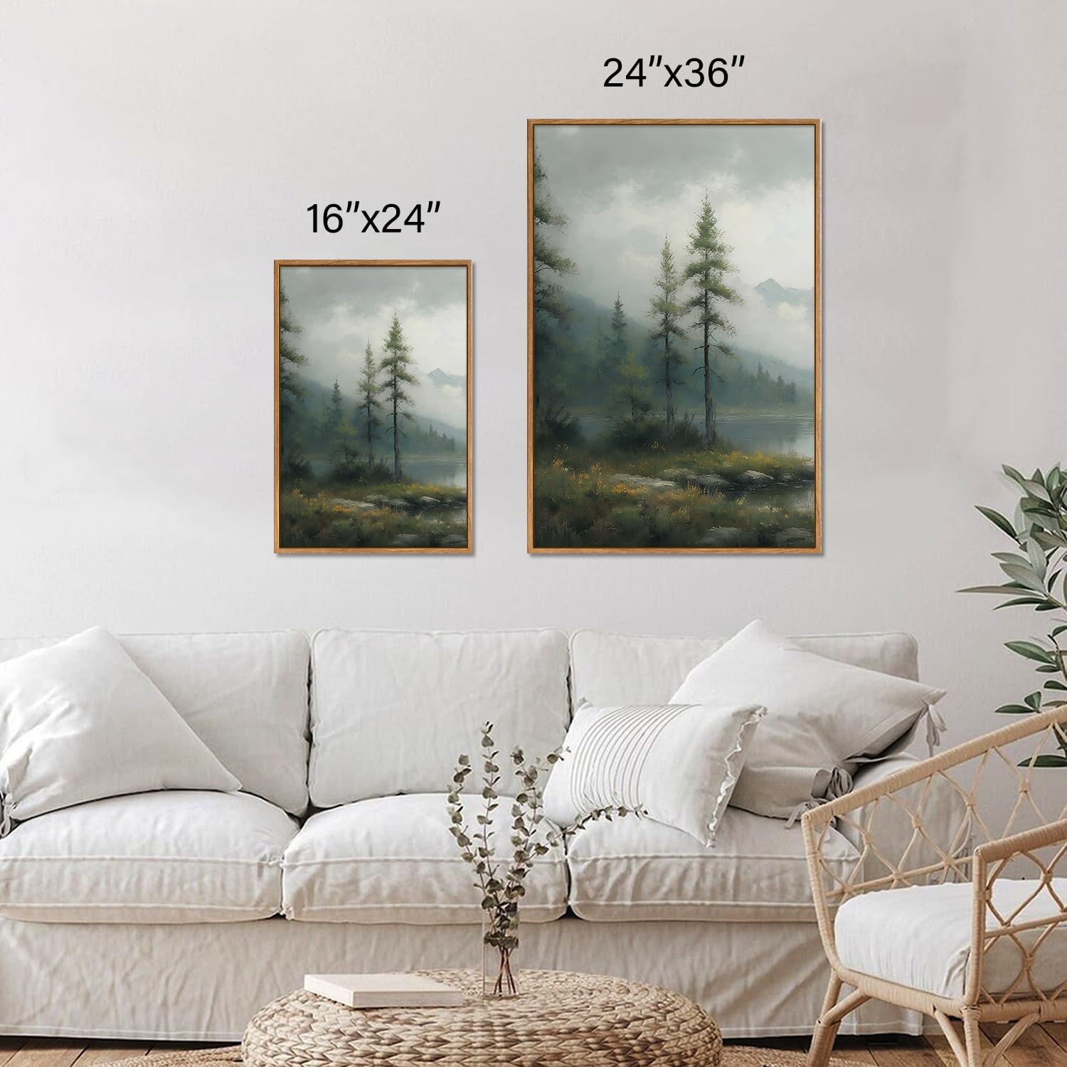 SIGNINART Large Misty Mountain Framed Canvas Wall Art, Green Forest River Scenery Wall Decor