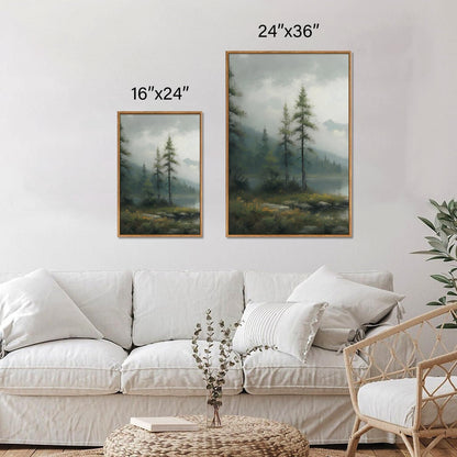 SIGNINART Large Misty Mountain Framed Canvas Wall Art, Green Forest River Scenery Wall Decor