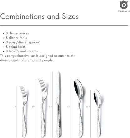 Hammered Silverware Set | Premium 18/10 Stainless Steel Flatware Service for 8 | Heavy-Duty &