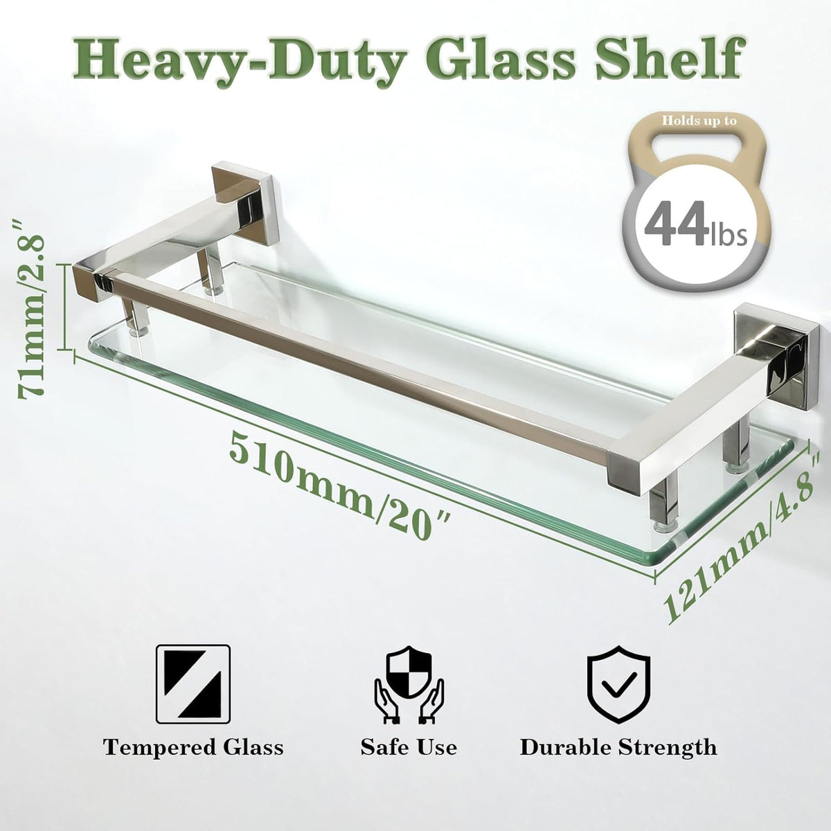 Alise Bathroom Shelves, Polished Chrome Glass Shelf for Bathroom, Modern Floating Shelves, 20 inch