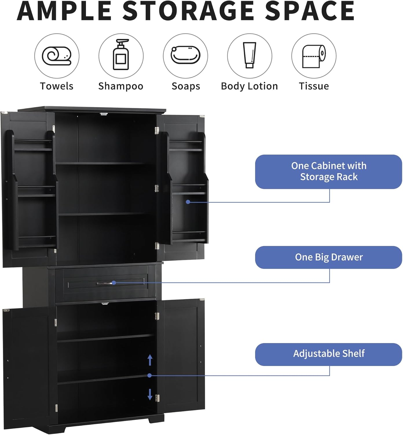 72.2" Tall Storage Cabinet with 4 Doors and Drawer, Freestanding Linen Cabinet, Wooden Pantry with