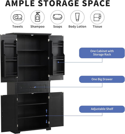 72.2" Tall Storage Cabinet with 4 Doors and Drawer, Freestanding Linen Cabinet, Wooden Pantry with