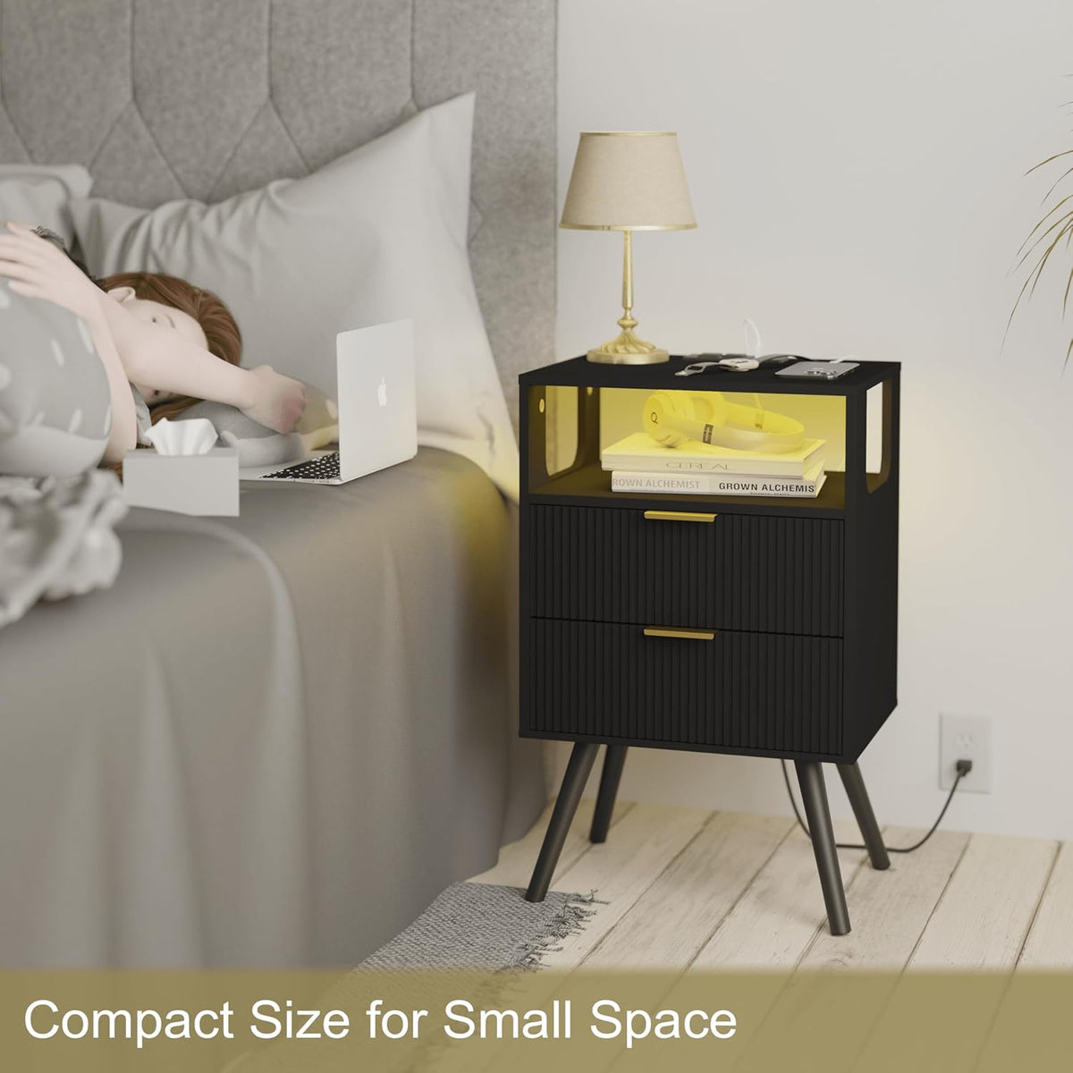 Black Nightstand with Charging Station and LED Lights,Modern Bedside Table with 2 Storage Drawer
