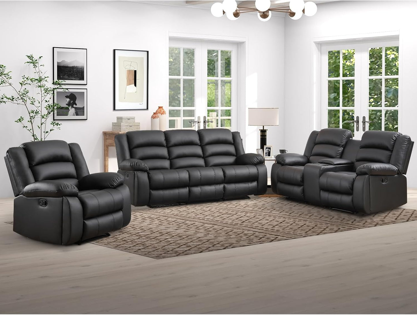 EBELLO Manual Faux Leather Recliner Sofa Set, Recliner Chair, Loveseat Reclining Sofa and 3 Seat