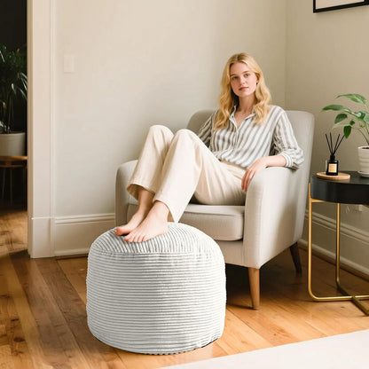 Round Stuffed Pouf Ottoman, Foot Stools Ottoman,Corduroy Poufs with Foam Chunk Filling, Furry and