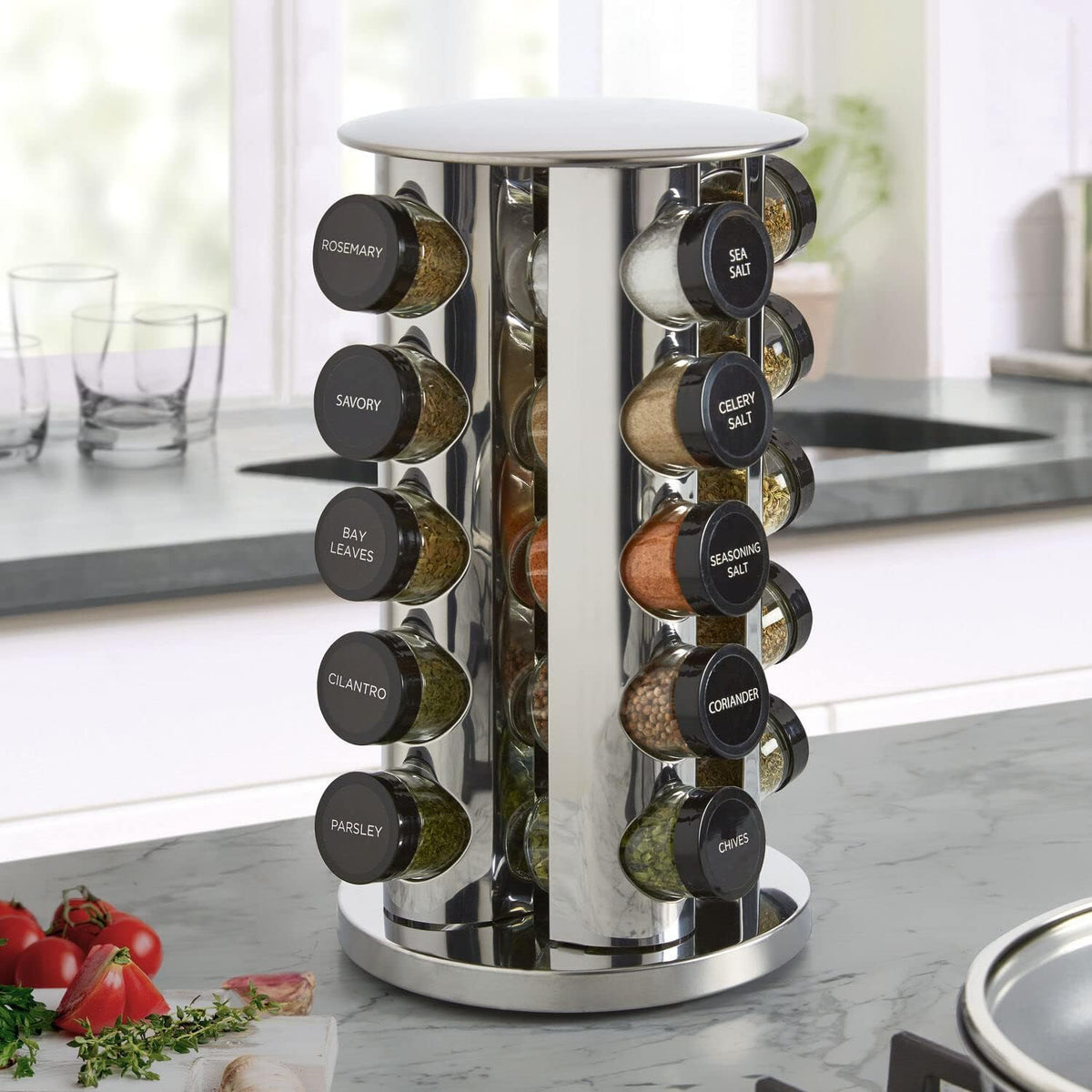 Kamenstein 20 Jar Revolving Countertop Spice Rack with Spices Included, FREE Spice Refills for 5