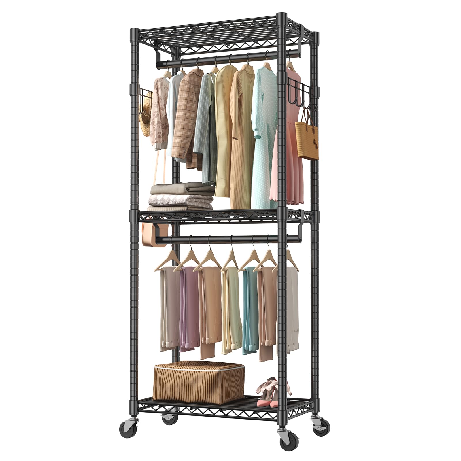 OLIXIS Clothes Rack Heavy Duty Adjustable Garment Clothing Rack with Wheels, Rolling Metal