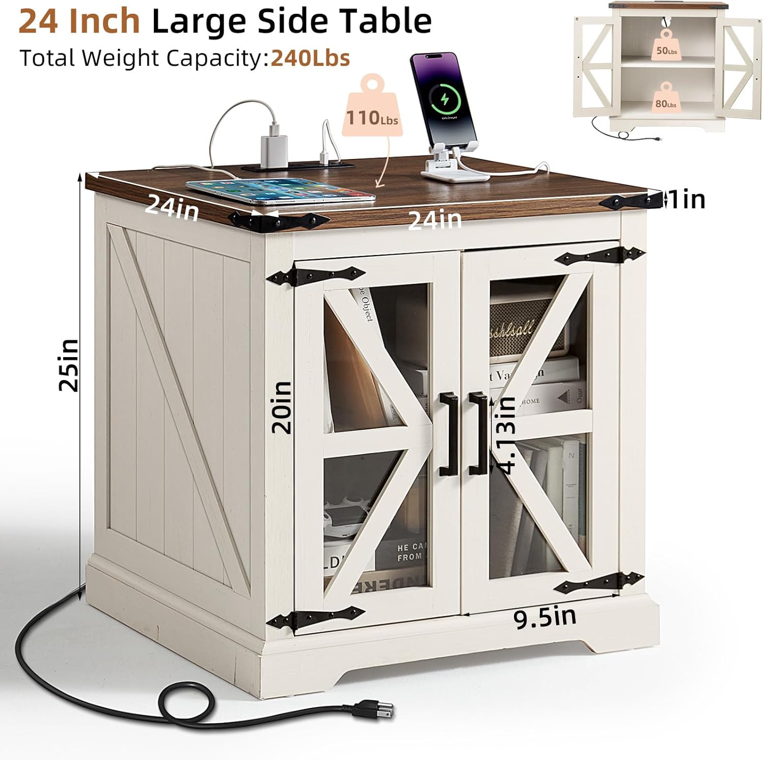 24" End Table Set of 2 with Charging Station, Farmhouse Night Stand with Glass Barn Door