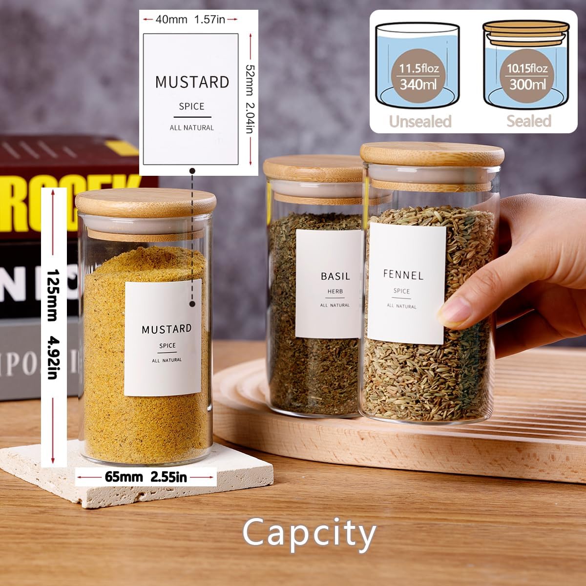 12 Pcs Glass Spice Jars With Bamboo Airtight Lids, 10oz Thicken(2.4mm) Spice Containers With 148