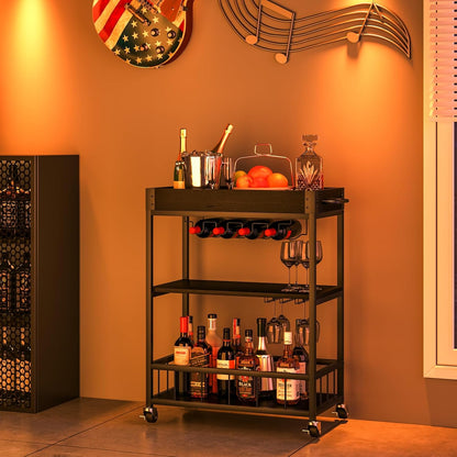 Bar Cart Serving Wine 3 Tier Home Rolling Rack with Wheels Mobile Kitchen Industrial Vintage Style