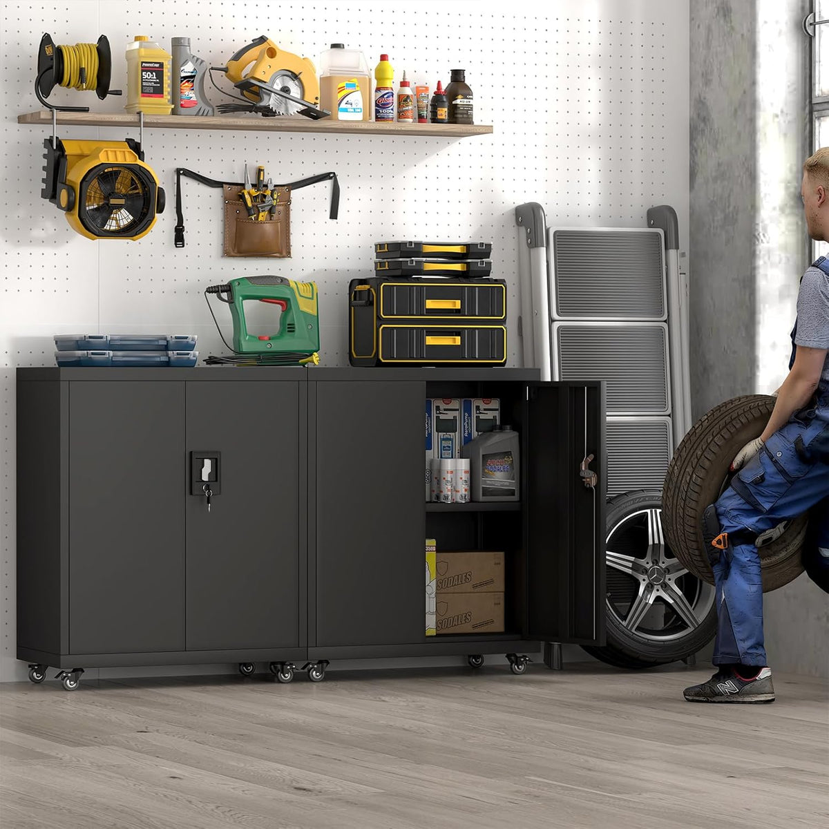 Metal Storage Cabinet with Wheels,Lockable Steel Rolling Storage Cabinet with 2 Doors for