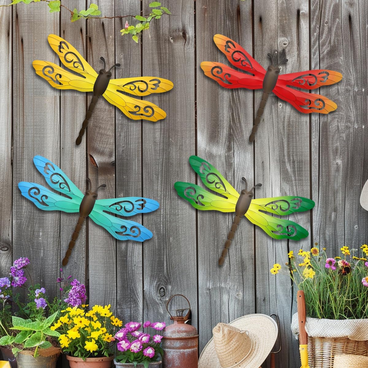 Metal Dragonfly Wall Decor, 4 Pack 14inch Metal Dragonfly Wall Hanging Sculpture Decor for Outdoor