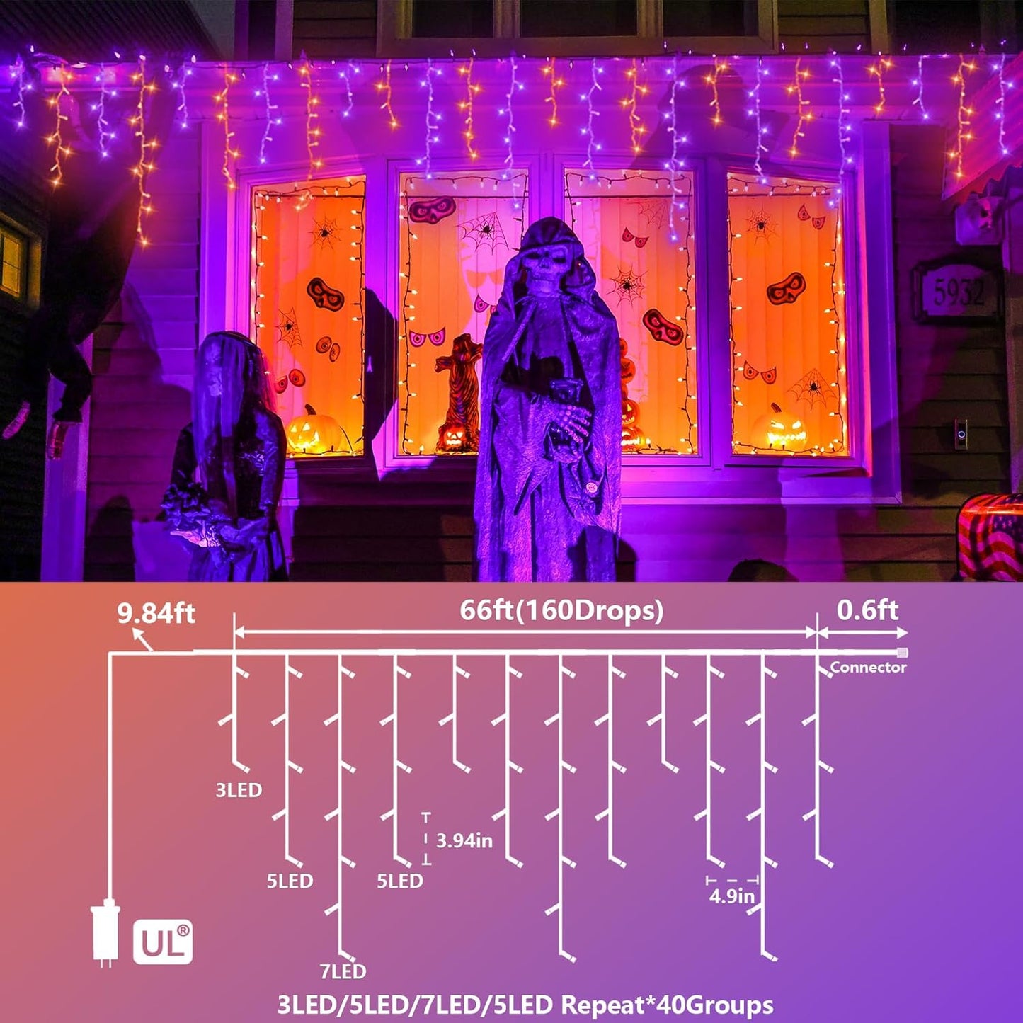 YEGUO 66ft 800 LED Orange and Purple Icicle Halloween Lights, 160 Drops Icicle Lights Connectable