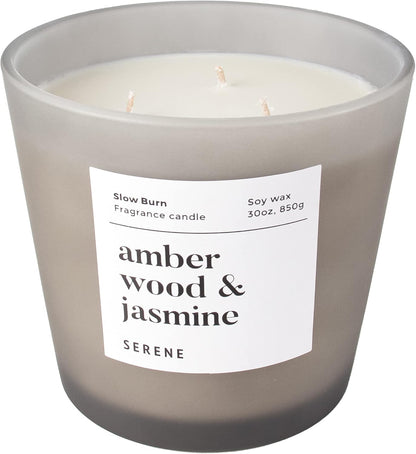 Hidden Label Large Scented Candle, Amber Wood & Jasmine, 30oz 3 Wick Huge Candle, Serene Collection