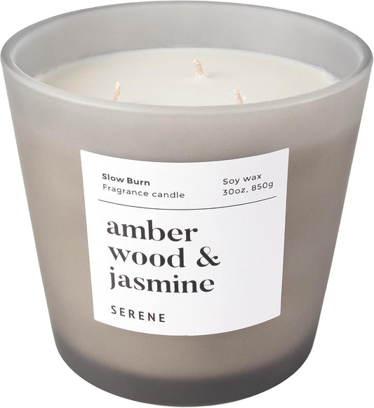 Hidden Label Large Scented Candle, Amber Wood & Jasmine, 30oz 3 Wick Huge Candle, Serene Collection