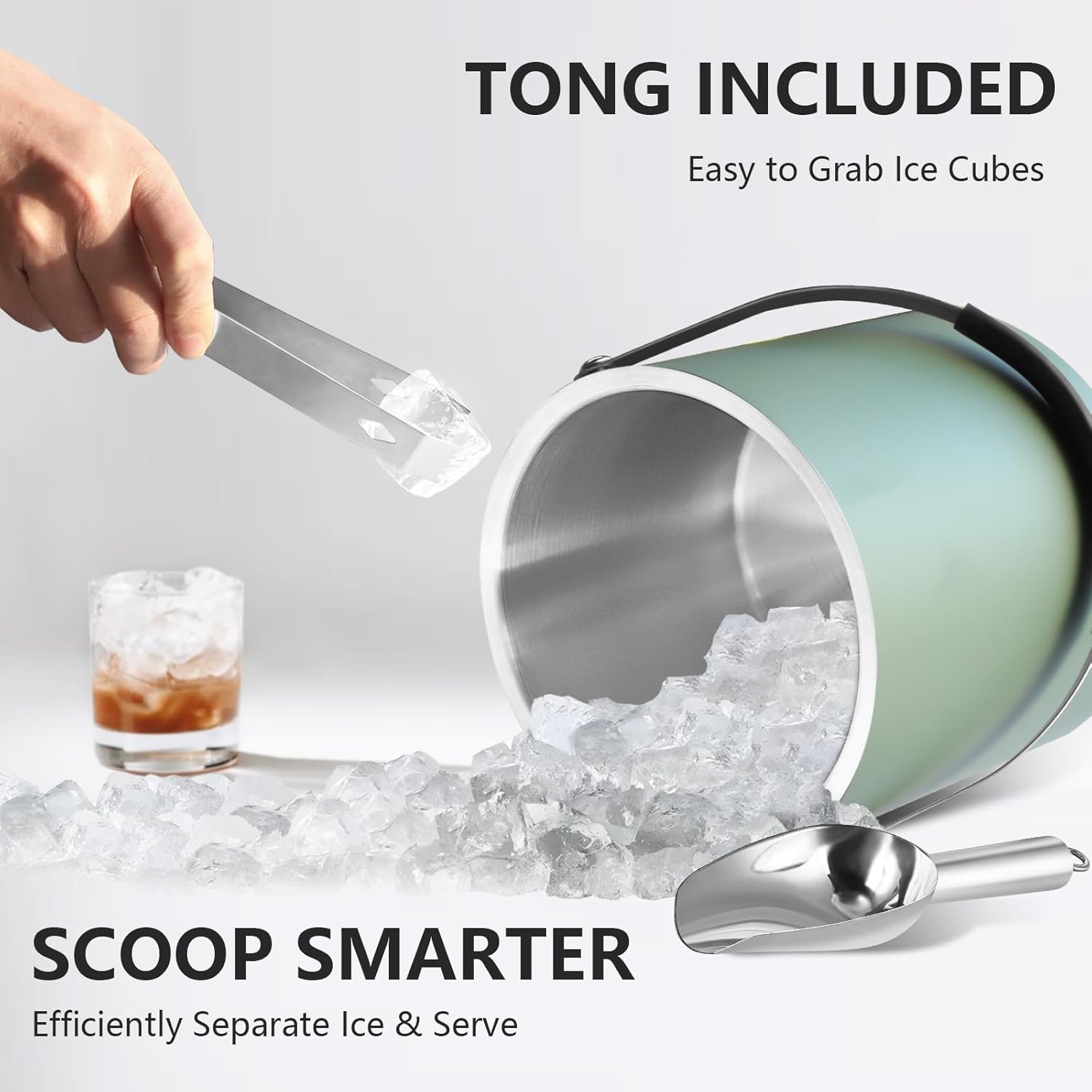 3L Ice Bucket with Silicone Lid, Scoop, Tongs & Strainer, Stainless Steel Double Wall Insulated Ice