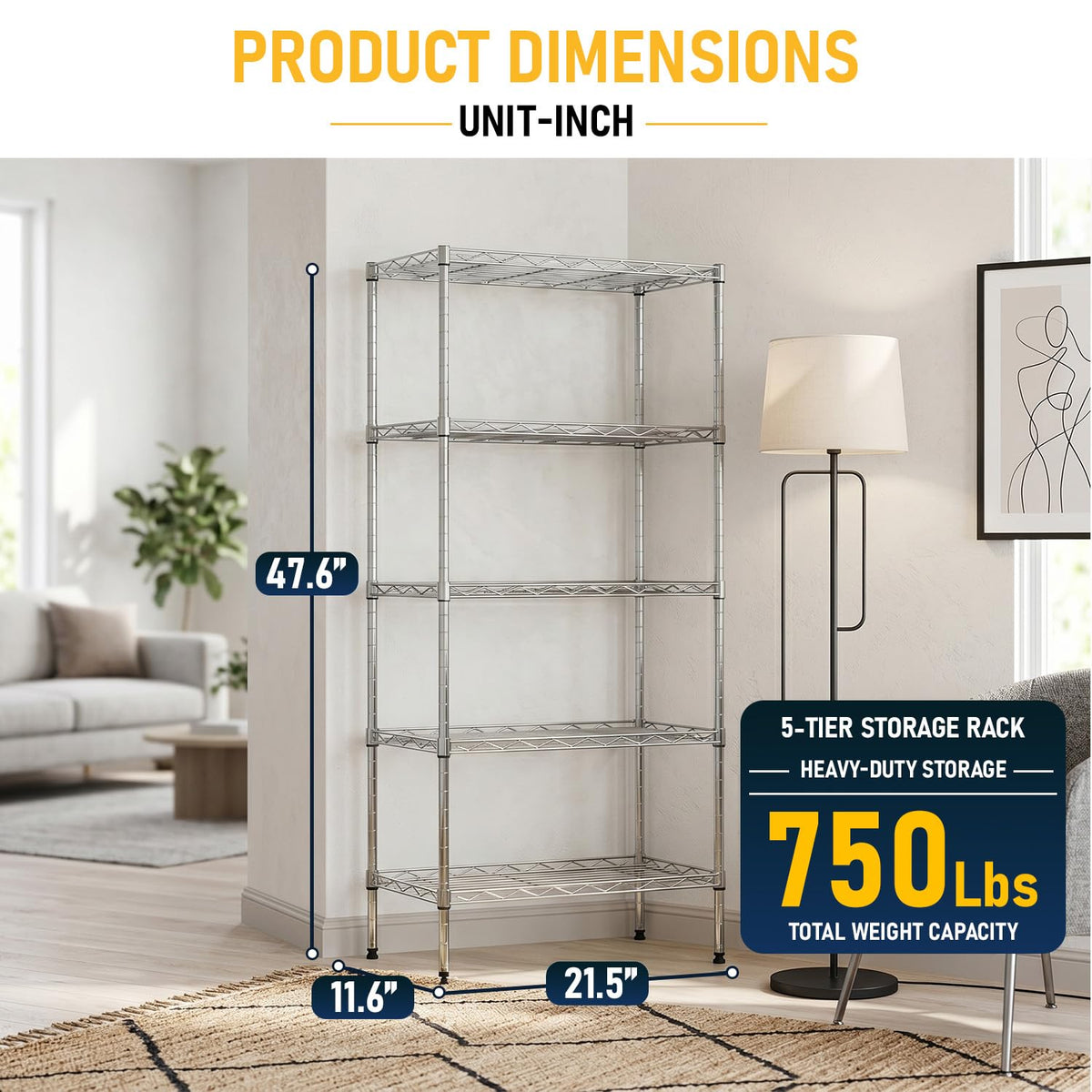 FDW 5 Tier 22L x 12W x 48H Pantry Shelves Adjustable Metal Shelves NSF Storage Rack Shelving Units