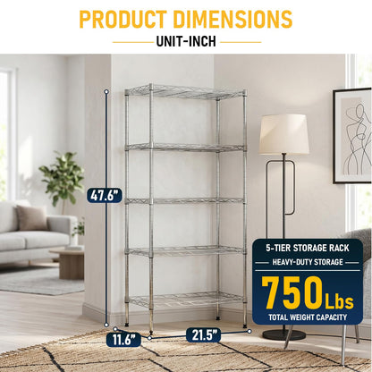 FDW 5 Tier 22L x 12W x 48H Pantry Shelves Adjustable Metal Shelves NSF Storage Rack Shelving Units