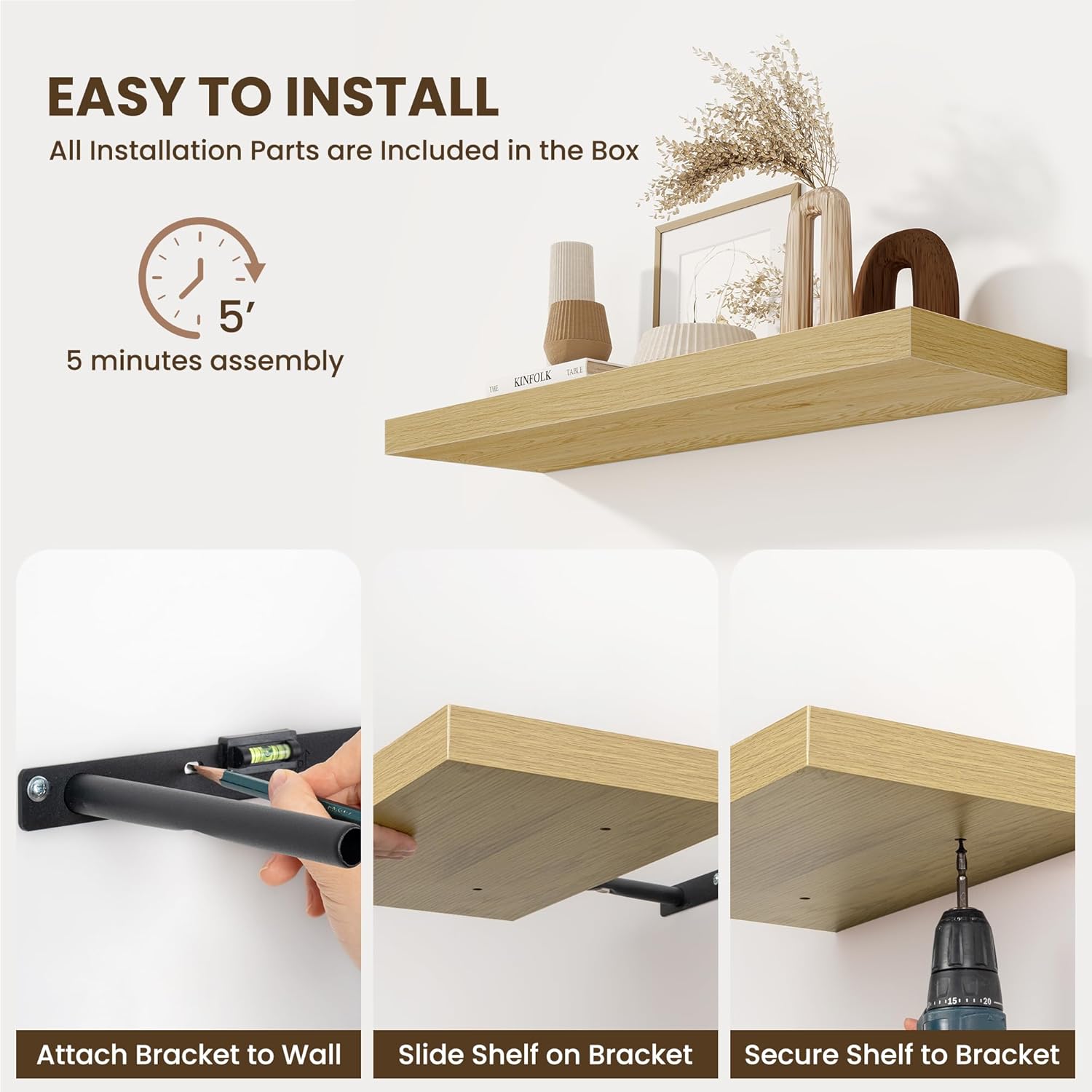 Fun Memories Floating Shelves for Wall 36 Inches, Wood Shelves with Invisible Bracket, 10" Deep