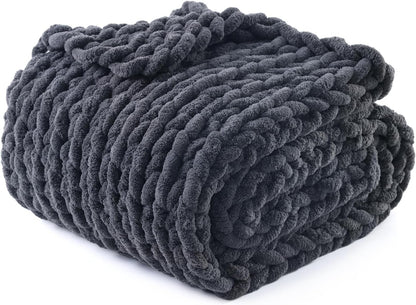 YnM Chunky Throw Blanket, Medium-Weight, Hand Knitted with Chenille Yarn, Skin Friendly, Ventilated