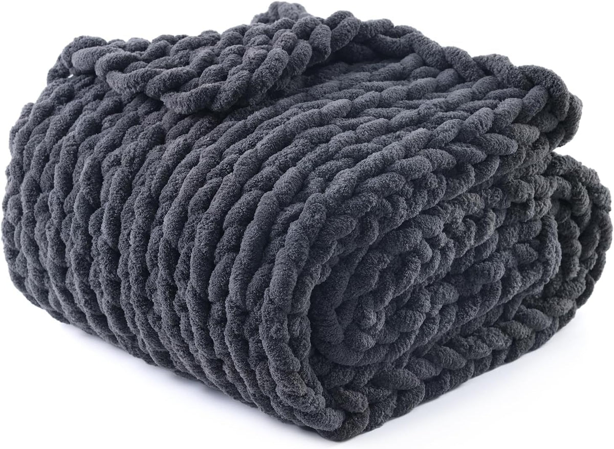 YnM Chunky Throw Blanket, Medium-Weight, Hand Knitted with Chenille Yarn, Skin Friendly, Ventilated