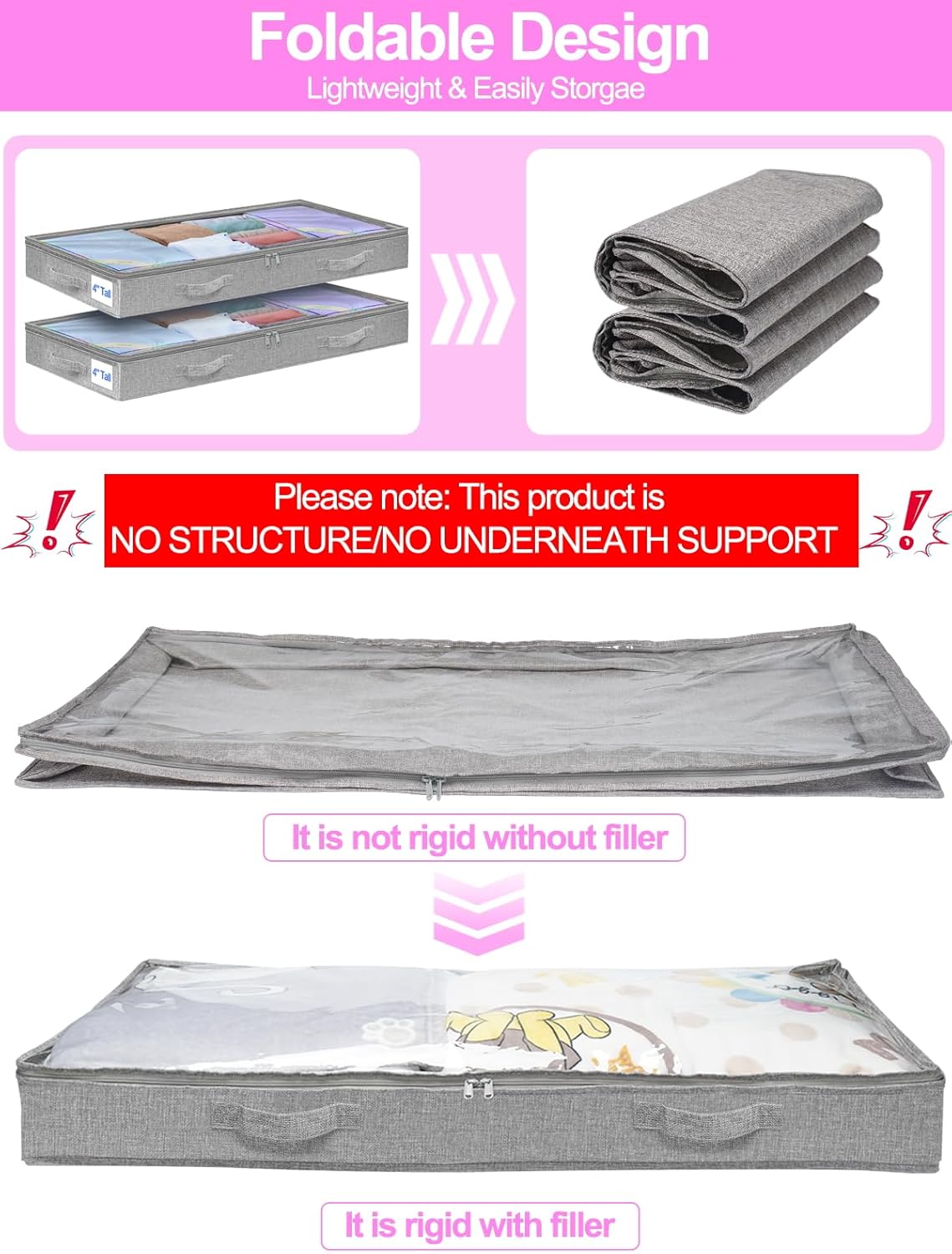 punemi Under Bed Storage Containers, Below 4 Inches Tall Low Profile Underbed Storage, NO