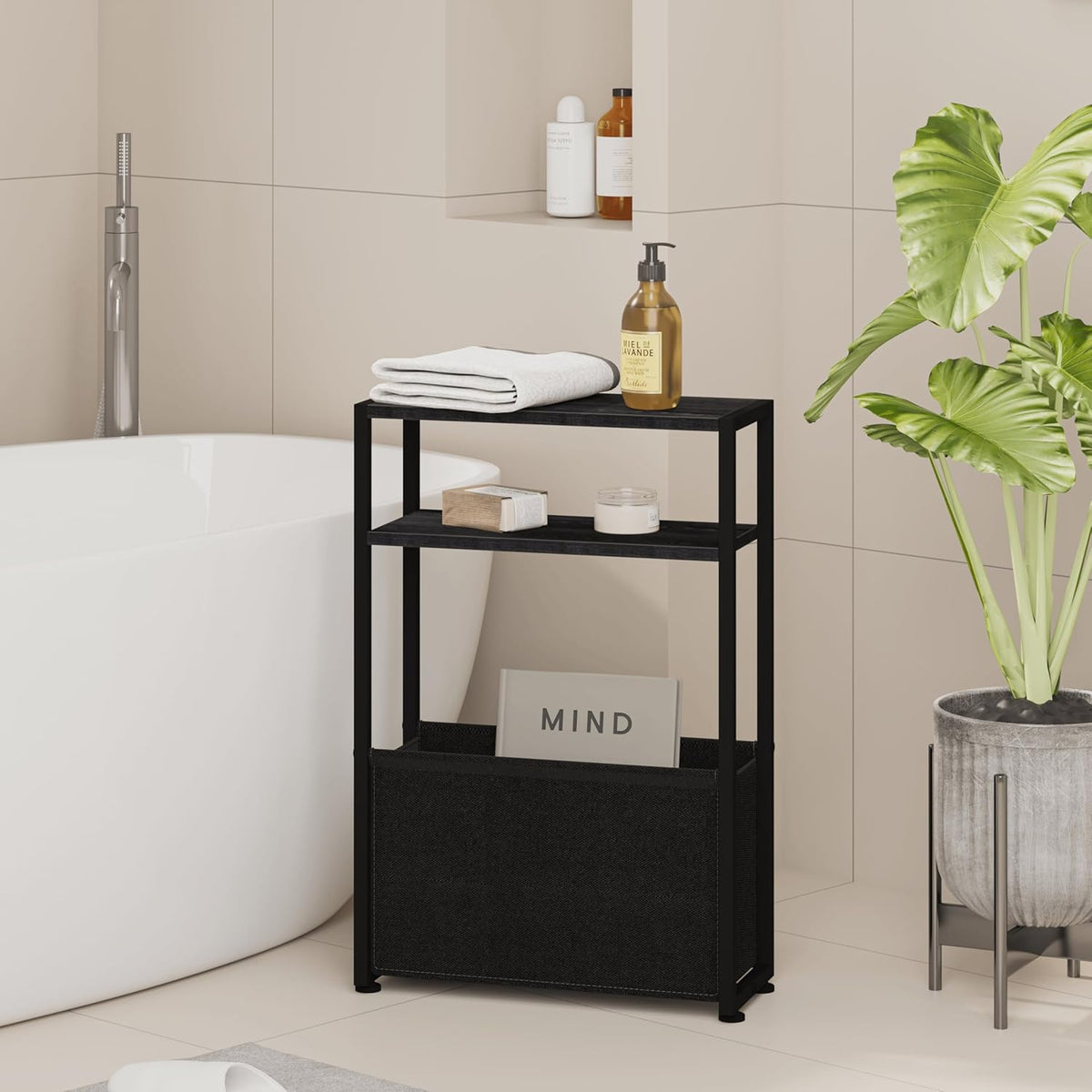 Black Side Table, Slim Side Table with Magazine Rack, Bathroom Table for Small Spaces, Narrow