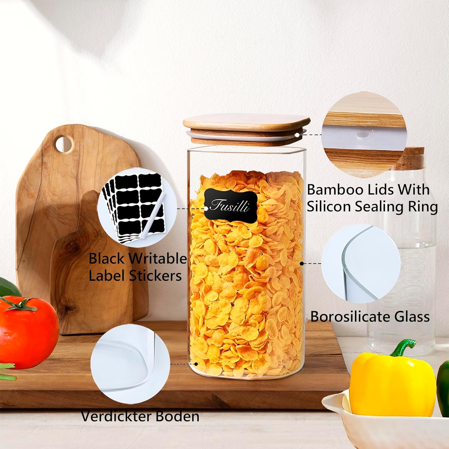 Square Glass Jars Canister with Wood Lid 50 FL OZ [Set of 3], Container Jar with Sealing, Lids for