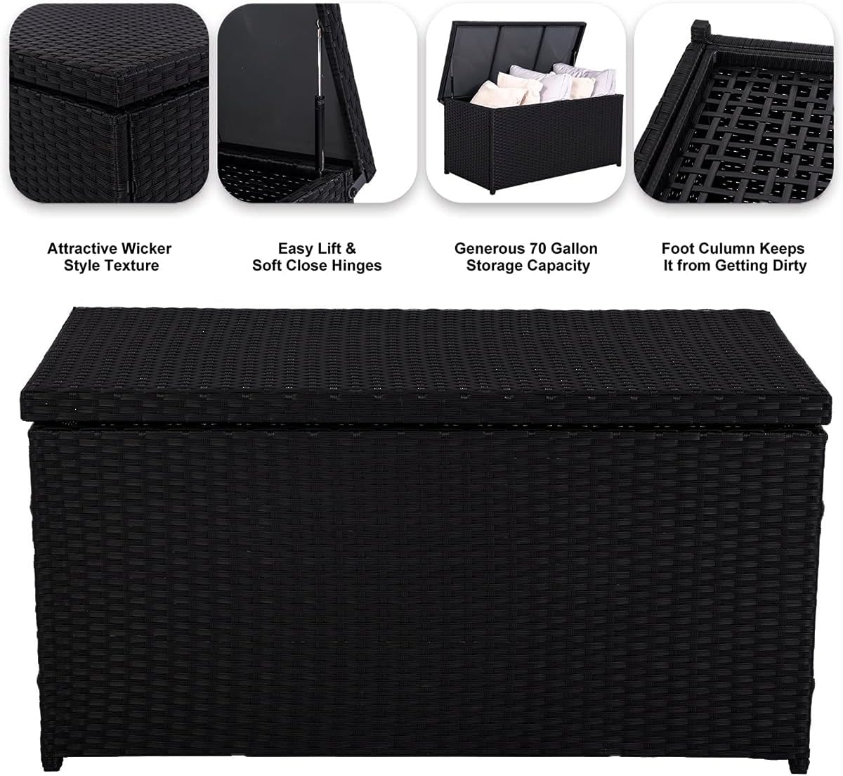 Outdoor 70 Gallon Wicker Storage Box with Waterproof Liner, Patio PE Rattan Storage Container for