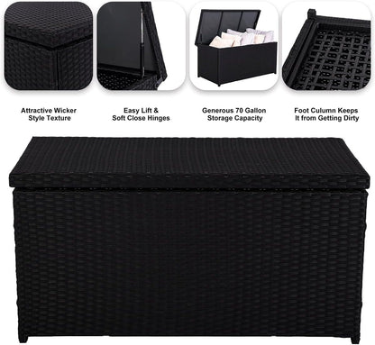 Outdoor 70 Gallon Wicker Storage Box with Waterproof Liner, Patio PE Rattan Storage Container for