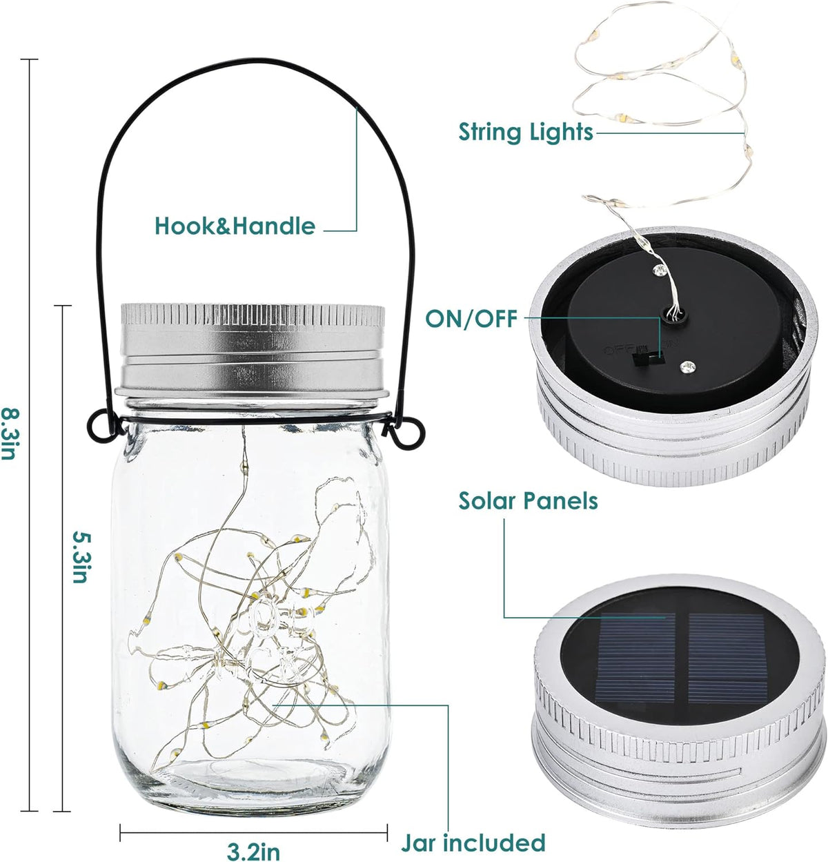 GIGALUMI Hanging Mason Jar Solar Lights, 6 Pack 30 Led Hanging Solar Lanterns Outdoor Waterproof