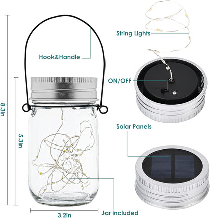 GIGALUMI Hanging Mason Jar Solar Lights, 6 Pack 30 Led Hanging Solar Lanterns Outdoor Waterproof