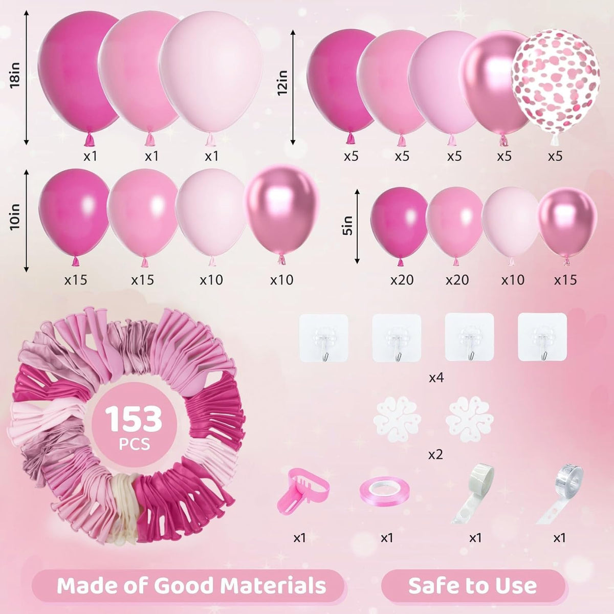 Amandir 153pcs Pink Balloon Garland Arch Kit, Different Sizes 18 12 10 5 inch Hot Pink Latex
