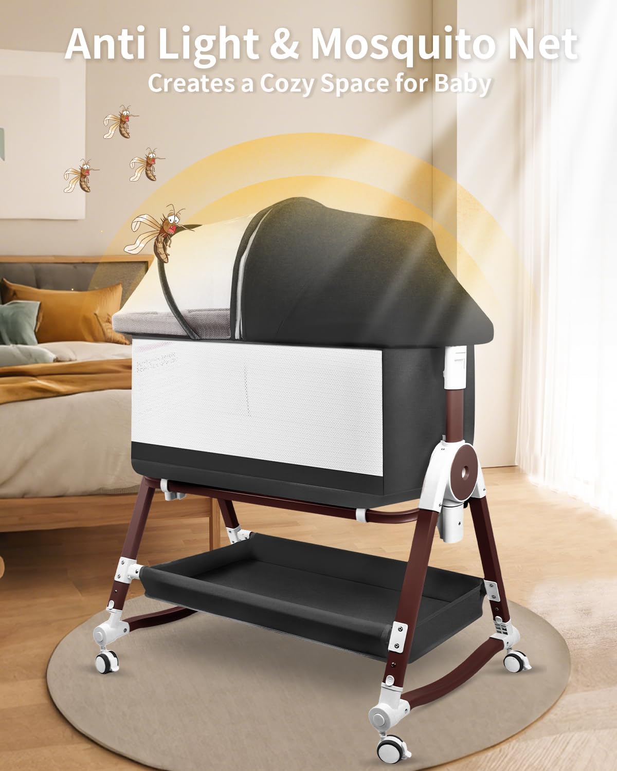 4 in 1 Baby Bassinet, Bassinets Bedside Sleeper with Wheels and Storage Basket, Adjustable 7