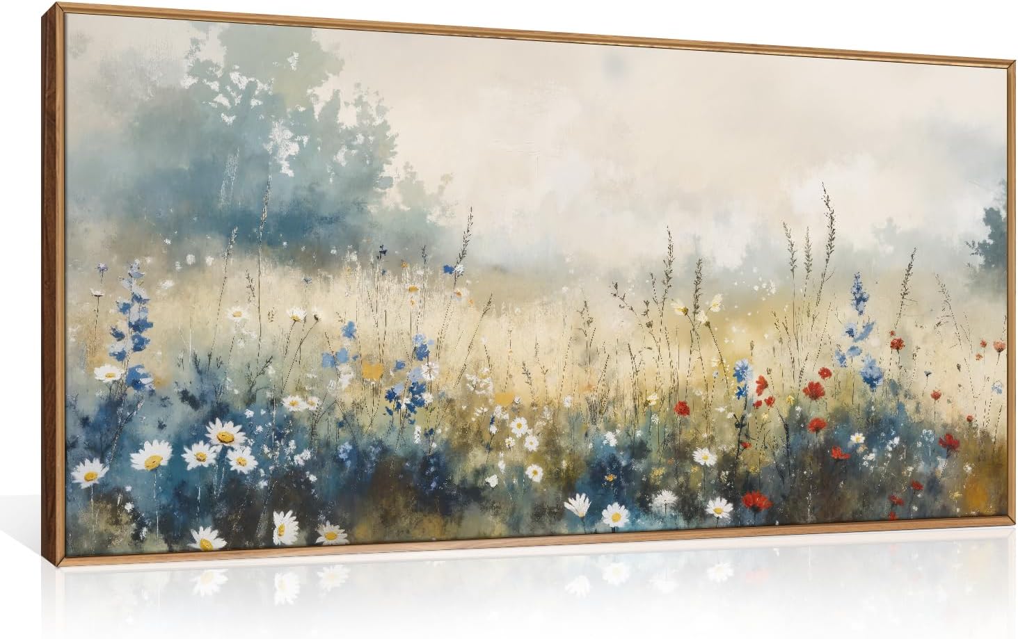 Nature Wildflower Framed Canvas Wall Art Set, Pastoral Landscape Wall Decor, Colorful Meadow Wall